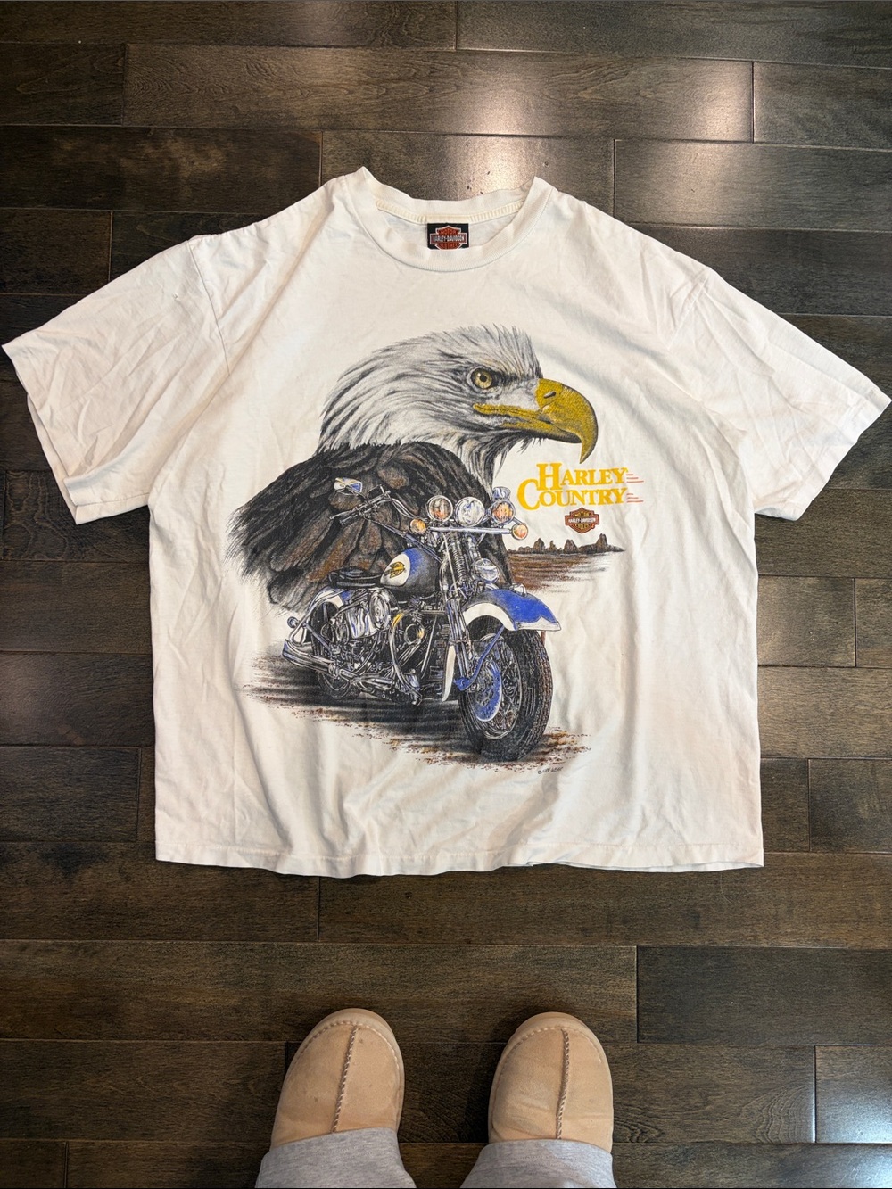 Harley-Davidson White Tee with Eagle & Blue Motorcycle Graphic